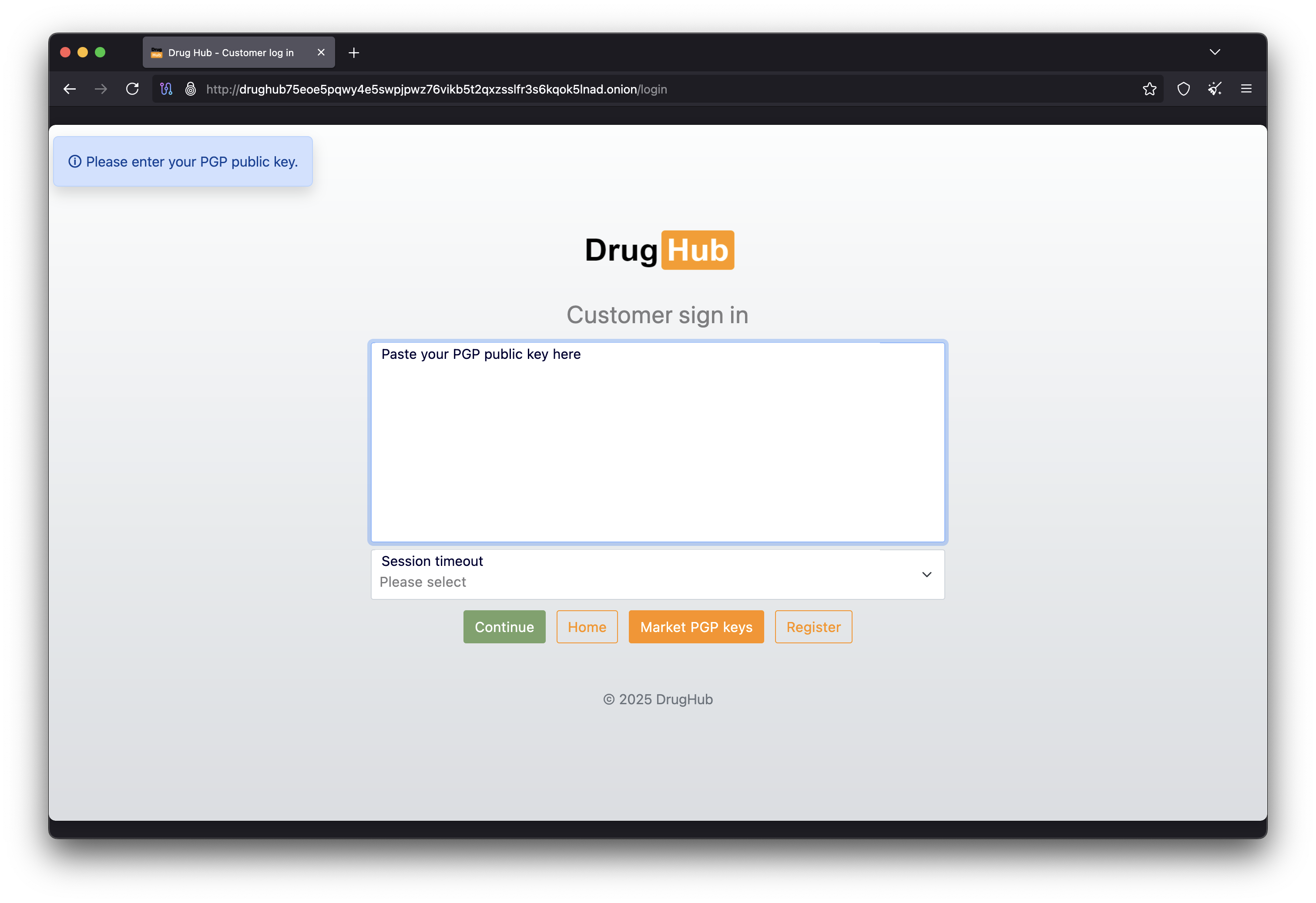 DrugHub Login Page - PGP Authentication
